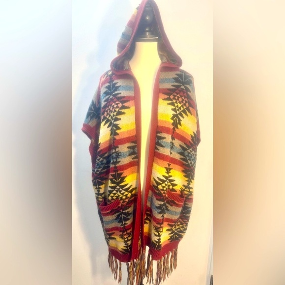 American Eagle Southwest Fringe Trim Hooded Open Blanket Cardigan Sweater Open S - Picture 2 of 7
